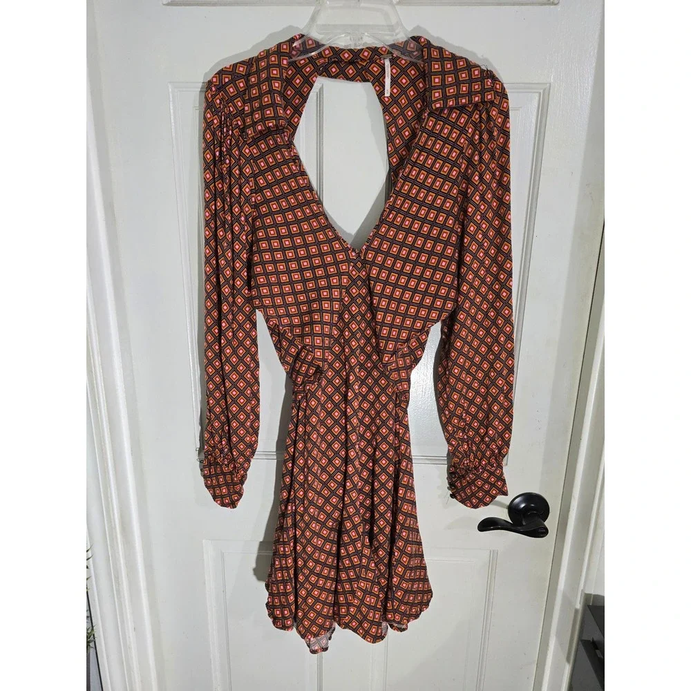 Free People Retro Geometric Diamond Print Open Back Mini Dress Orange Pink Sz M